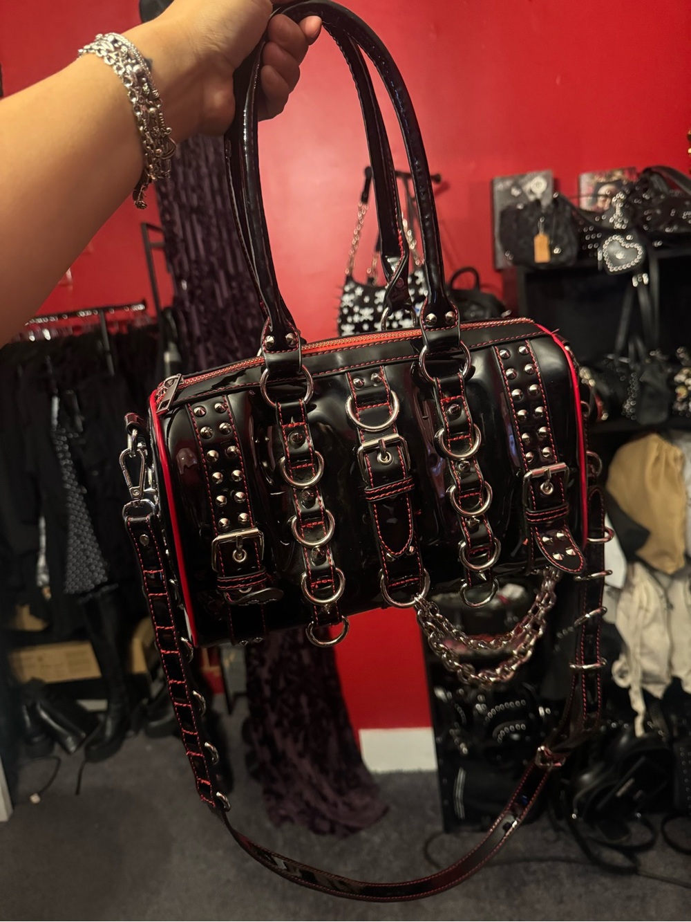 Dolls kill studded red and black bag